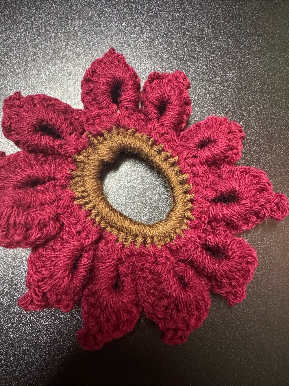 Handmade Burgundy and Brown Crochet Flower Hair Scrunchie